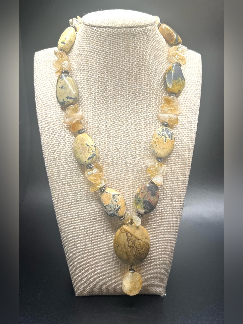 Vintage Jasper & Quartz Statement Necklace Large Pendant Genuine Stone. Gorgeous